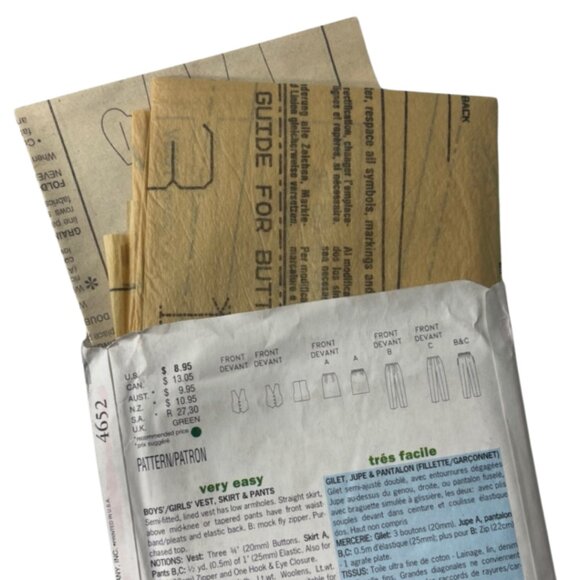 BUTTERICK | Vintage 1996 Kid's Vest Pants Skirt Pattern #4652 | Sizes 12-14 - Picture 4 of 6